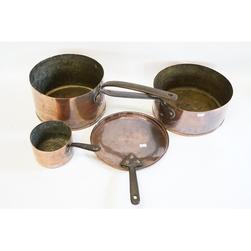 355 - A Victorian Copper Saucepan with lid and two others with wrought iron handles.