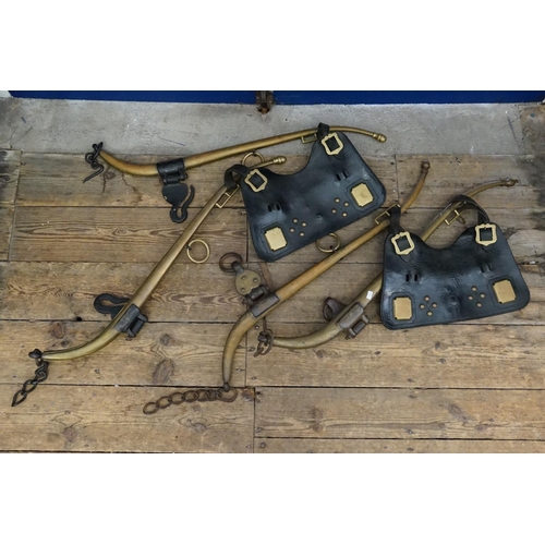 356 - Two Victorian Brass Horse Hames with leather aprons, brass studs and accoutrements.