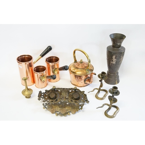 364 - A French Cast Brass Rocco Ink Stand, Two Cobra Candlesticks, a Copper Vase, Copper Kettle & three Fr... 