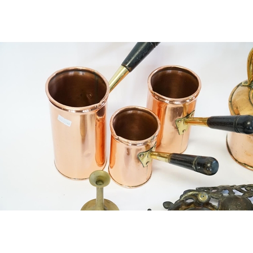 364 - A French Cast Brass Rocco Ink Stand, Two Cobra Candlesticks, a Copper Vase, Copper Kettle & three Fr... 