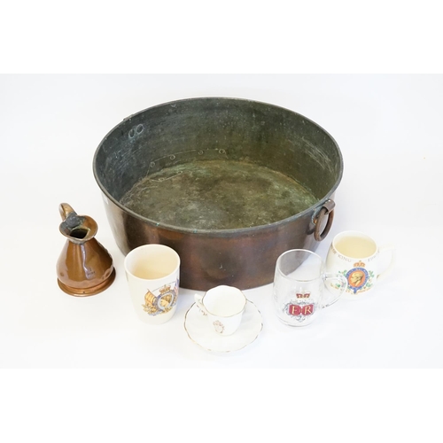 377 - A late 19th Century Copper two handled Steamer Pan, a Copper jug and commemorative pottery. Steamer ... 