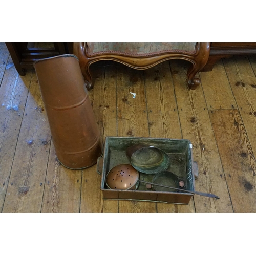 380 - A Country House Copper Warmer Dish, a Mould, a Porringer & a Copper Coal Scuttle.