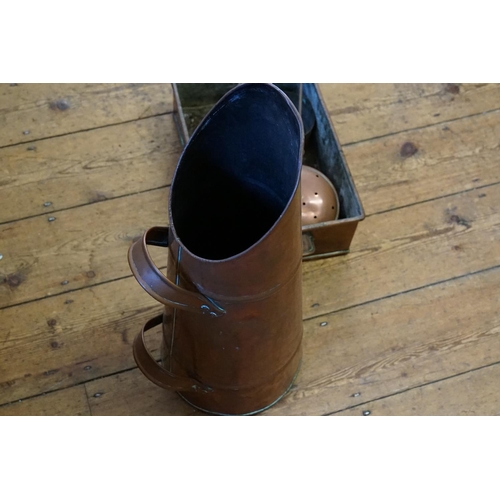 380 - A Country House Copper Warmer Dish, a Mould, a Porringer & a Copper Coal Scuttle.