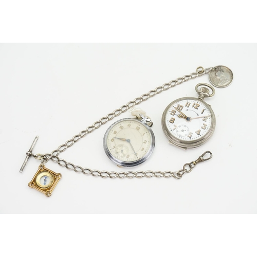 249 - A Silver Plated Watch Chain, a Compass Fob & two Pocket Watches in Silver Plated Cases.