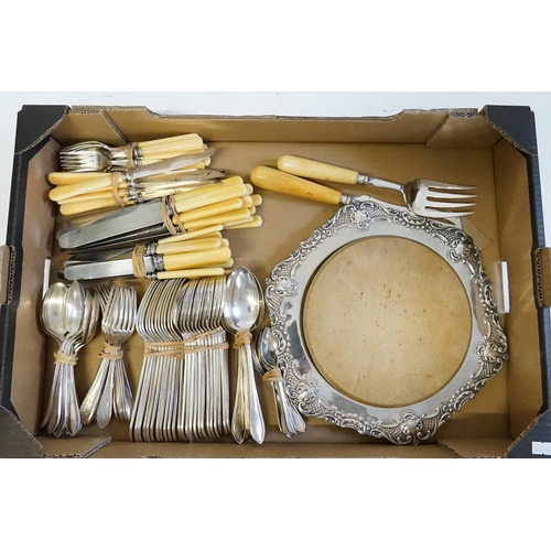 88 - A Silver Plated Bread Board, Reeded edge cutlery, fish knives and forks with viners ivorine handles,... 