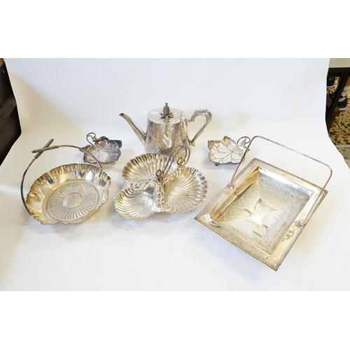 92 - A Silver Plated Cake Dish, Hors d'oeuvres Dish, Swing handled Cake Dish and a Fern engraved Coffee P... 