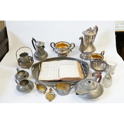 97 - An Electro Plate on Copper Victorian Three Piece Coffee Set with Sugar & Cream along with some Pewte... 