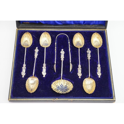 58 - A Set of Six Apostle handled teaspoons with sifter and tongs, Birmingham 1901.