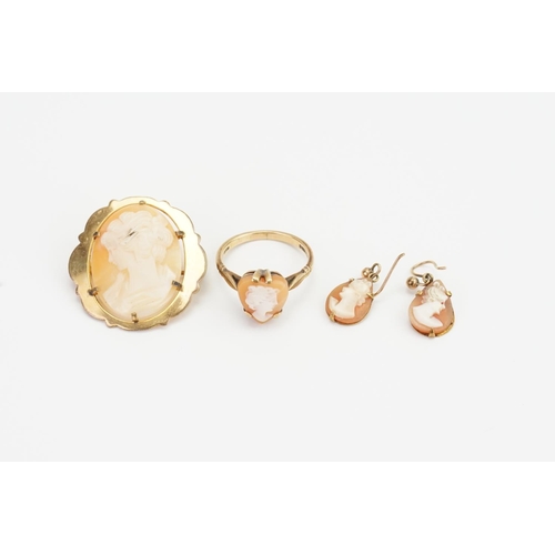 119 - A 9ct Gold Ring set with a Heart Shaped Cameo, a Pair of Earrings & a Brooch.