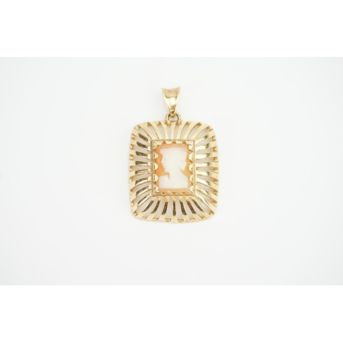 154 - A 9ct Gold Cameo pendant depicting a girl looking to her left. Size 2.1cms x 2.4cms.