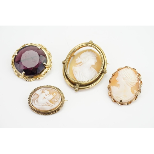 155 - A collection of Three Cameos and one brooch depicting various scenes.