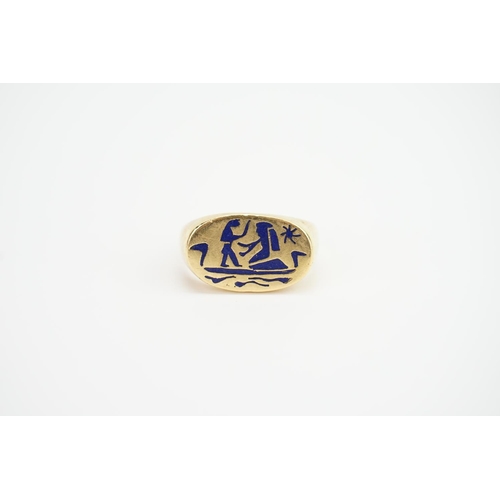 158 - A Blue enamelled 18ct Gold Egyptian Ring, depicting Egyptian scenes. Weight approx. 9.7g. Size U.