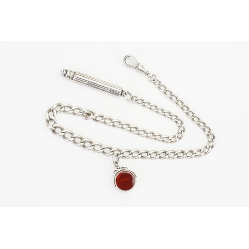 161 - A Silver albert chain with silver pencil, with a blood stone fob. Weight approx. 32.5g. Length 35cm.