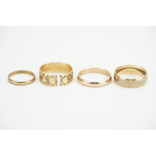 167 - A collection of four 9ct Gold rings. One as found. Weighing: 14.7 grams.