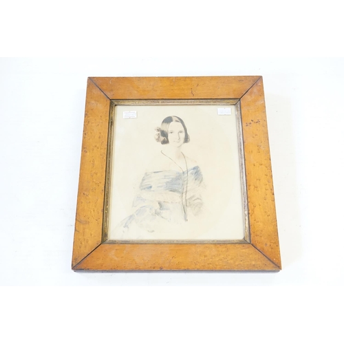 1039 - An 18th Century Birdseye Maple Framed Water Colour of a Young Girl 