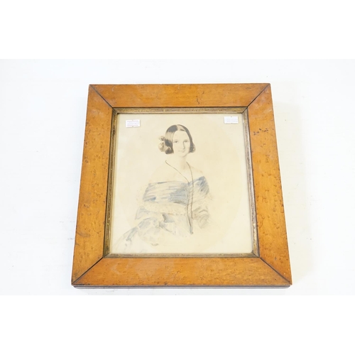 1039 - An 18th Century Birdseye Maple Framed Water Colour of a Young Girl 