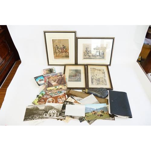 1070 - A collection of Henry Alken prints, a reproduction shot flask, a canvas belt and a collection of pos... 