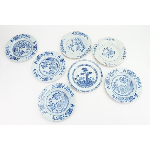 989 - A Collection of Four Antique Bristol Delftware dinner plates in a tin glaze and three Chinese plates... 