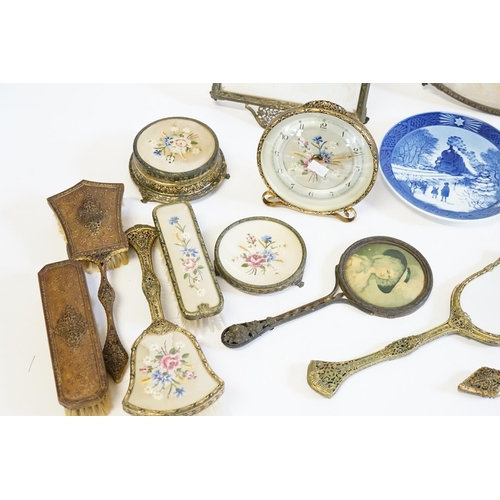 530 - A Late 19th Century Filigree Dressing Table Set with embroidered panels along with Two Royal Copenha... 