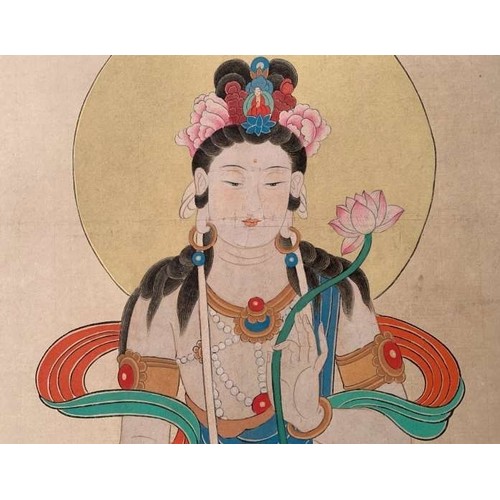 392 - Guanyin (Avalokitesvara); Chinese ink and watercolor on paper scroll; Attribute to Zhang Daqian. 35c... 