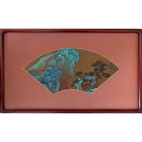 395 - Blue and green landscape; Framed; After Lan Ying. 18cm*43cm