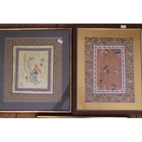 396 - A Chinese Silk embroidered Sleeve Fragment along with two other Chinese Silk pictures. Framed & Glaz... 