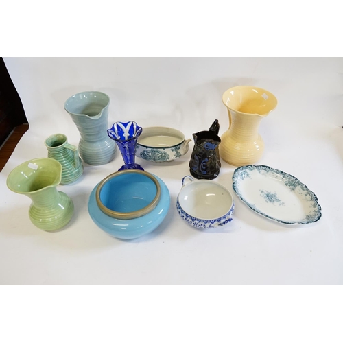 537 - Four Various Art Deco Jugs, Sauce Tureens, Blue Glass Vase, etc.