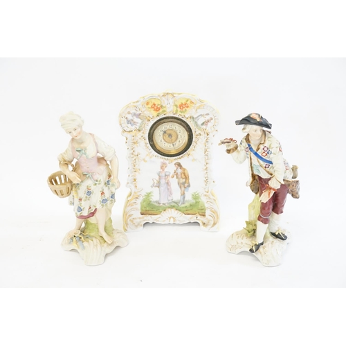 1003 - Two German multi coloured studies of a flower gatherer and artist along with a German clock.