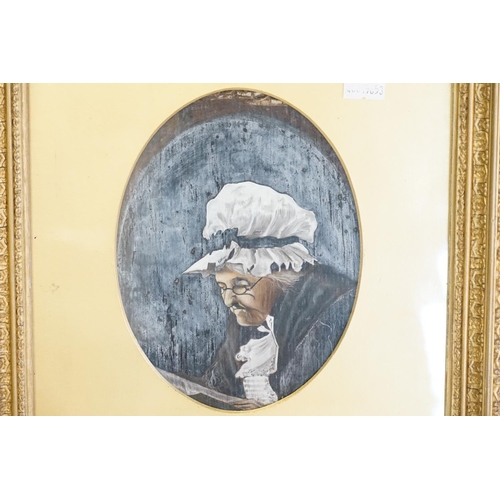 1007 - A 19th Century School Oil Wash of an Elderly Grandmother deep in thought with a lace bonnet, Framed ... 