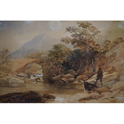 1010 - A Victorian Water Colour of a Man on a Rock with a Bridge in the background, Framed & Glazed.