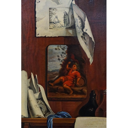 1012 - An oil on canvas depicting a shelf loaded with papers, oil paintings, glass bottles with titled vers... 