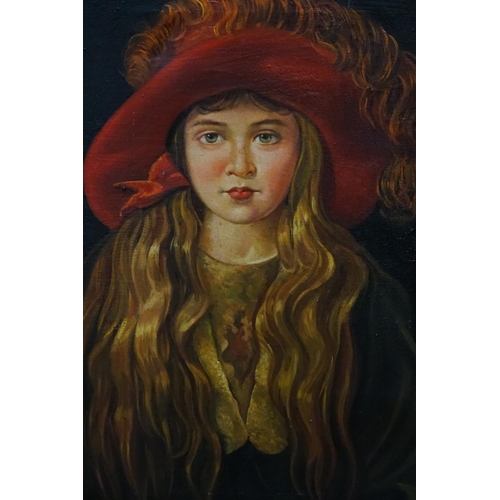 1014 - An oil on canvas studio portrait of a young girl wearing a large red floppy hat  with a green jacket... 