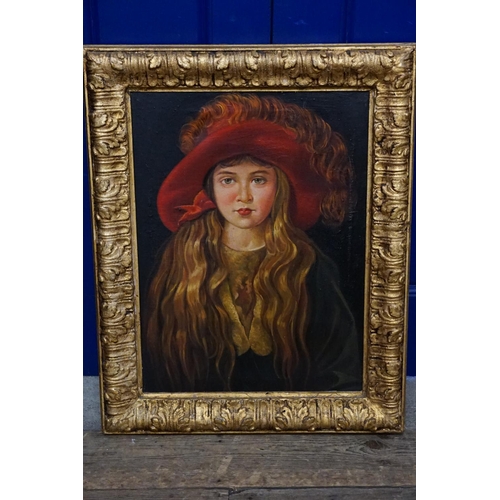 1014 - An oil on canvas studio portrait of a young girl wearing a large red floppy hat  with a green jacket... 