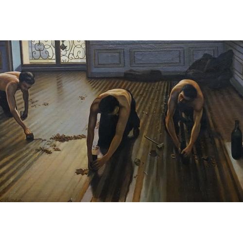 1016 - A studio picture of three muscular young men scraping down a parquet floor, after the French origina... 