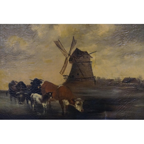 1023 - A Primitive English school Oil painting on canvas of a Windmill with Cows in foreground, a Cottage i... 