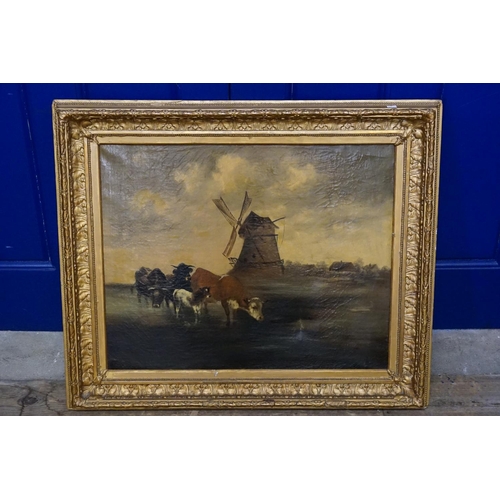 1023 - A Primitive English school Oil painting on canvas of a Windmill with Cows in foreground, a Cottage i... 