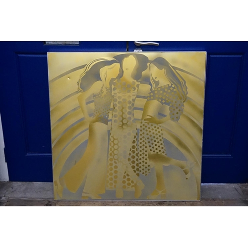 1061 - A 1970s Spray Painted in Gilt of Three Diva's hitting the Town by Sally Scott dated 1971. Measuring ... 