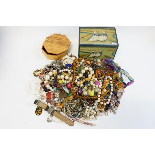 213 - An Egyptian designed necklace, wooden necklaces, beads, wooden boxes, etc.