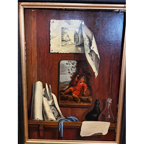 1012 - An oil on canvas depicting a shelf loaded with papers, oil paintings, glass bottles with titled vers... 