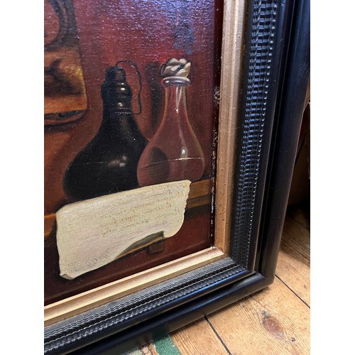 1012 - An oil on canvas depicting a shelf loaded with papers, oil paintings, glass bottles with titled vers... 