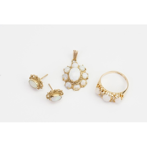 130 - A Gold Opal Three Piece Set consisting of a Pair of 9ct Gold earrings, 18ct Gold Ring set with 6 old... 