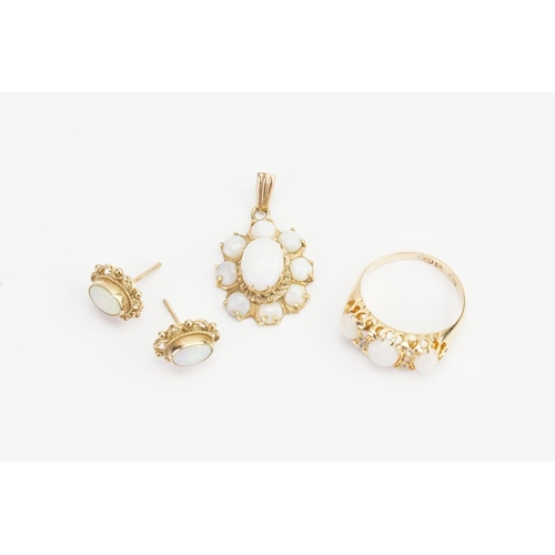 130 - A Gold Opal Three Piece Set consisting of a Pair of 9ct Gold earrings, 18ct Gold Ring set with 6 old... 