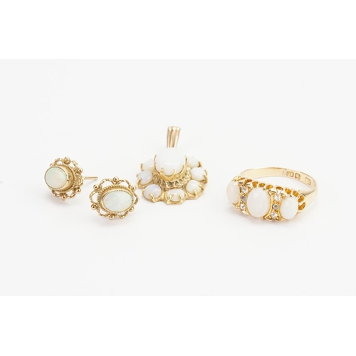 130 - A Gold Opal Three Piece Set consisting of a Pair of 9ct Gold earrings, 18ct Gold Ring set with 6 old... 