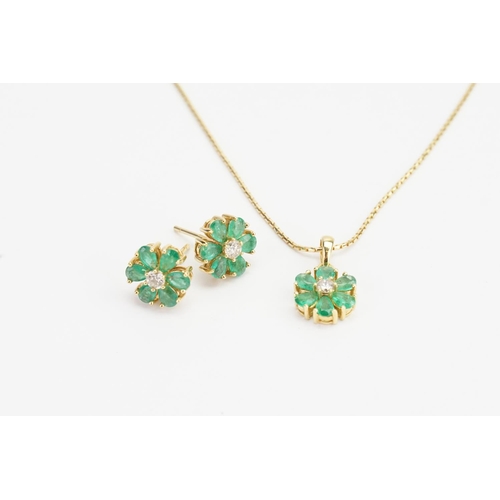 197 - A Pair of 18ct Floral Earrings set with Emeralds and Diamonds along with a matching 18ct Pendant. 18... 