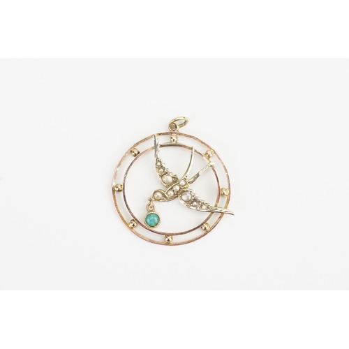 93 - A 9ct Gold Turquoise and Pearl Swallow Pendant. Measuring: 2.7cms.