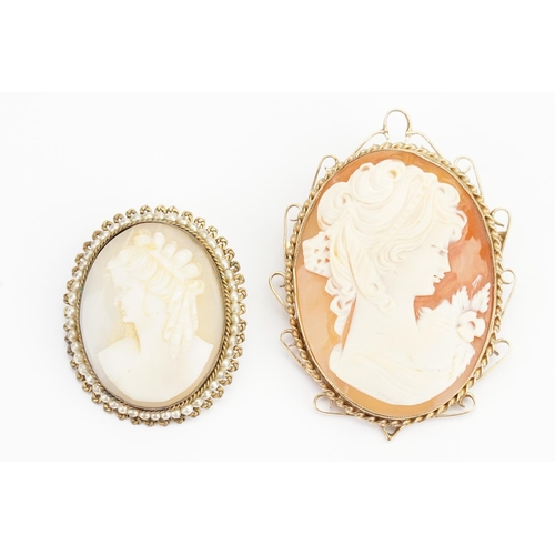 131 - A Large 9ct Gold Cameo Brooch depicting a Young Lady, along with one other. Larger Cameo size: 3.2cm... 