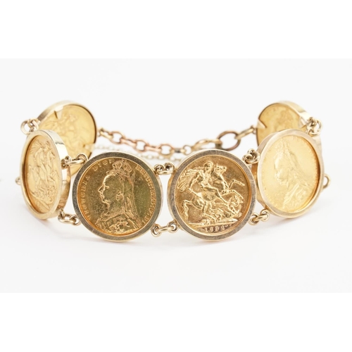 229 - A Sovereign mounted bracelet, mount marked 9ct gold, consisting of six Jubilee sovereigns, to includ... 