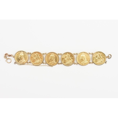 229 - A Sovereign mounted bracelet, mount marked 9ct gold, consisting of six Jubilee sovereigns, to includ... 