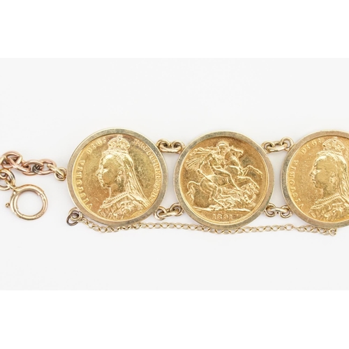 229 - A Sovereign mounted bracelet, mount marked 9ct gold, consisting of six Jubilee sovereigns, to includ... 