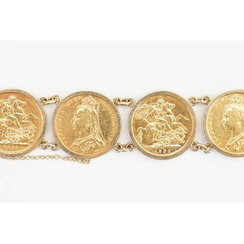 229 - A Sovereign mounted bracelet, mount marked 9ct gold, consisting of six Jubilee sovereigns, to includ... 